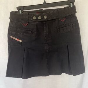 Vintage Diesel Black Pleated Mini Skirt with Button Front Belt. Size 24
